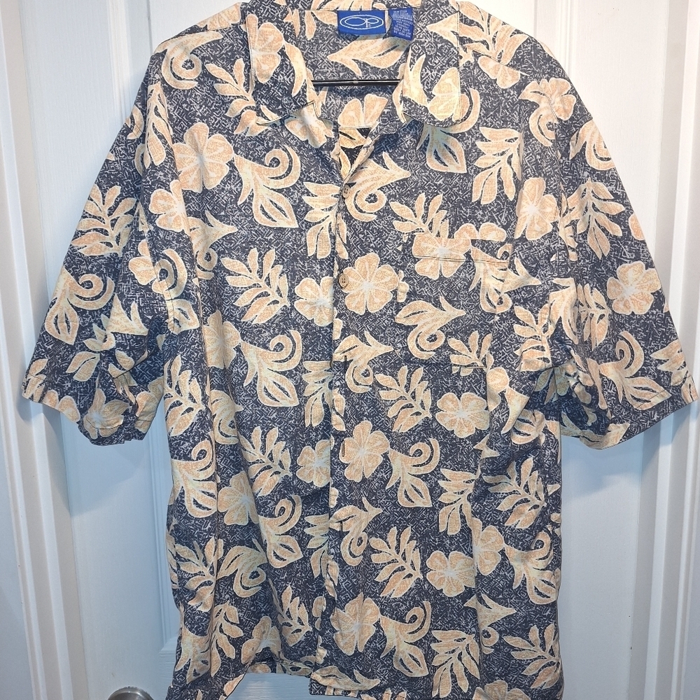 Vintage OP Hawaiian Style Shirt Men's XL Blue Cream Floral Pattern